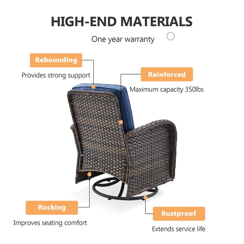 Patio Fire Pit Furniture Set 5-Piece Outdoor Wicker Furniture Set with 43" Propane Gas Fire Pit Table Outdoor Conversation Sofa Set with Swivel Rocking Chairs and Side Table, Blue Cushions