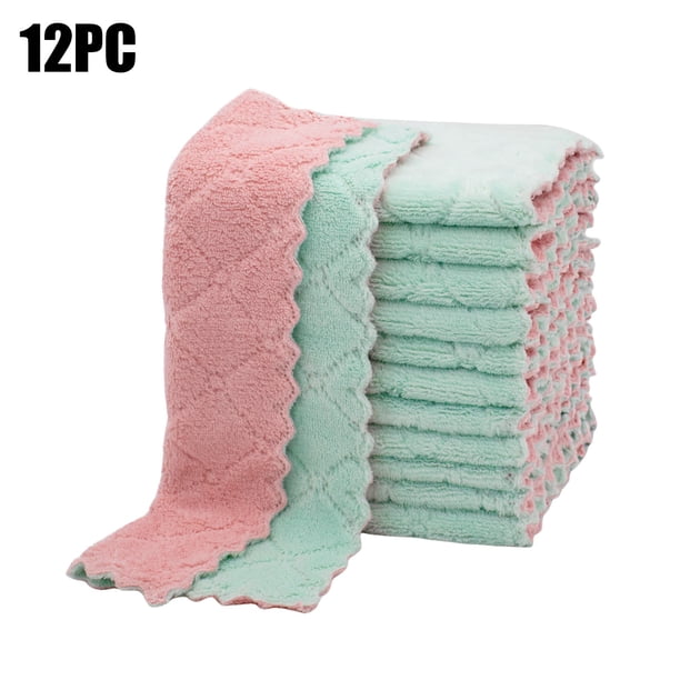 Juego de 12 paños de cocina y trapos de cocina. Paños de cocina de terciopelo coral superabsorbentes, antiadherentes, lavables con aceite y de secado rápido (rosa y verde).
