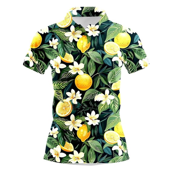 Trendfront Womens Lemon Floral Polo Shirt Collared Short Sleeve Allover Fruit Print Casual Summer Golf Top for Women