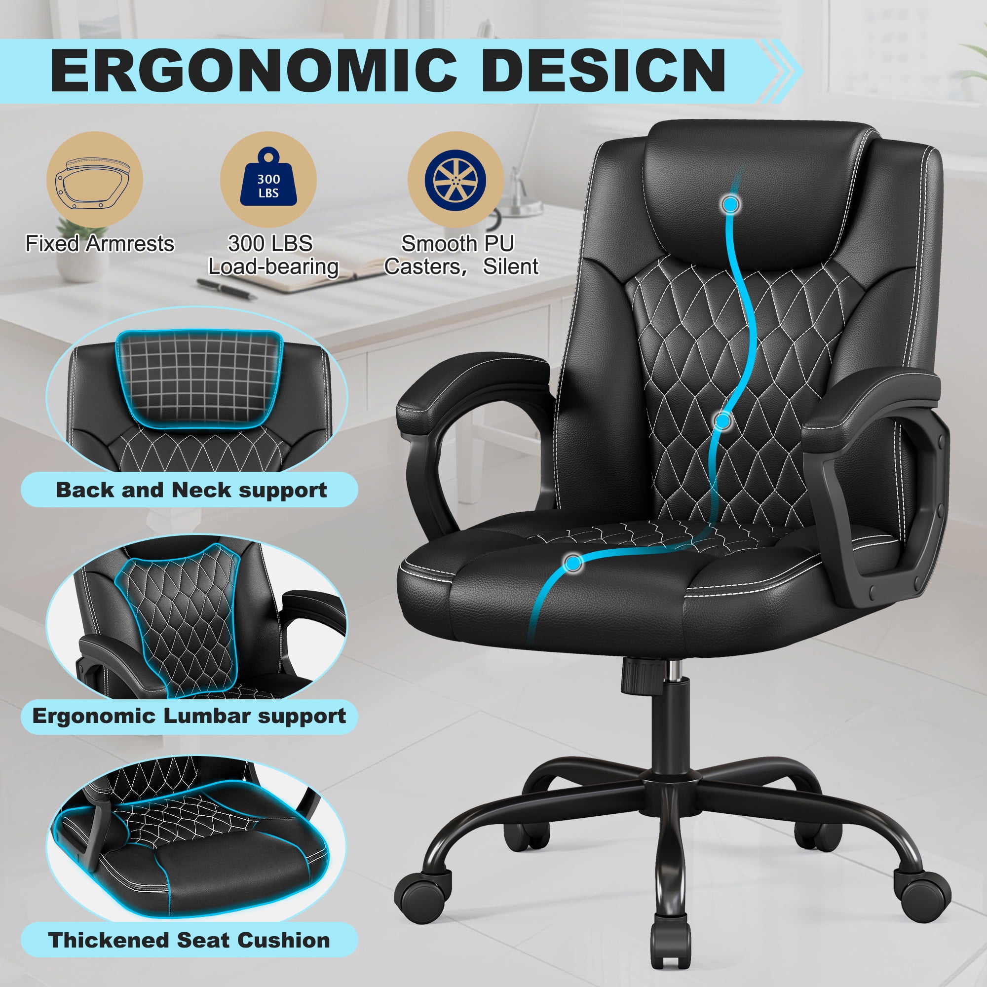 Misolant Office Chair, Executive Desk Chair, PU Leather Comfortable Executive Chairs with Fixed Armrest, Adjustable Height, Rocking Function, 360° Swivel Wheels