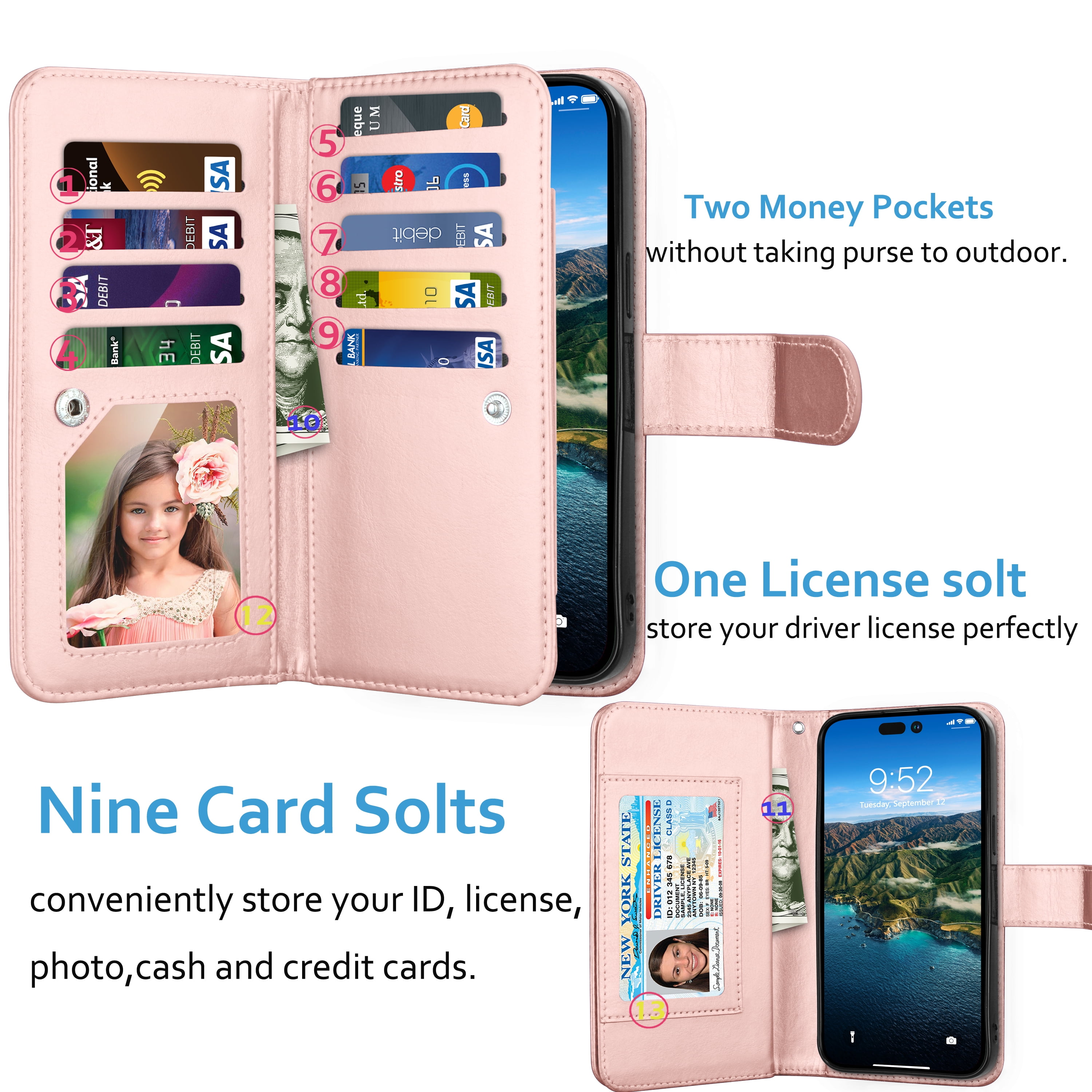 SZHAIYU 2 in 1 Detachable Compatible with iPhone 15 Pro Max Wallet Case  with Card Holder, Retro Premium Flip Leather Cover Magnetic Zipper Pocket