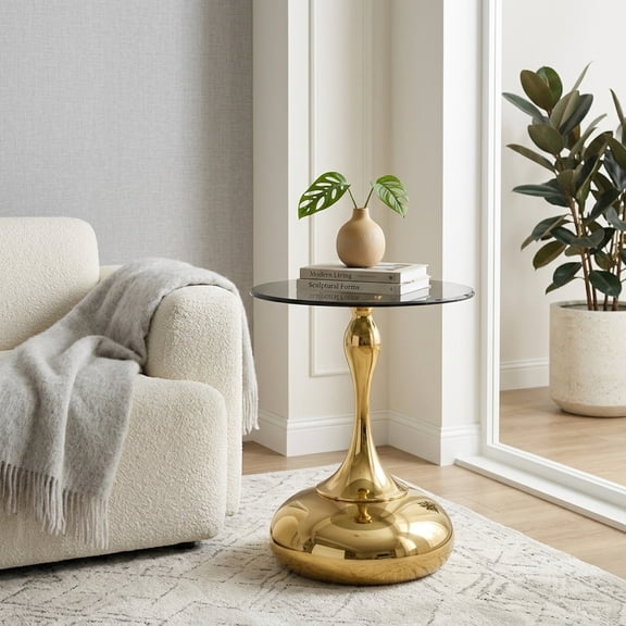Round Side Table with Tempered Glass Top - Gold Metal Frame
