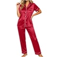 thumbnail image 2 of Lolmot 2PC Button Down Womens Satin Pajama Sets, Plus Size Trendy Short Sleeve Shirts with Long Pants, Comfy Pjs Lounge Sets, 2 of 4