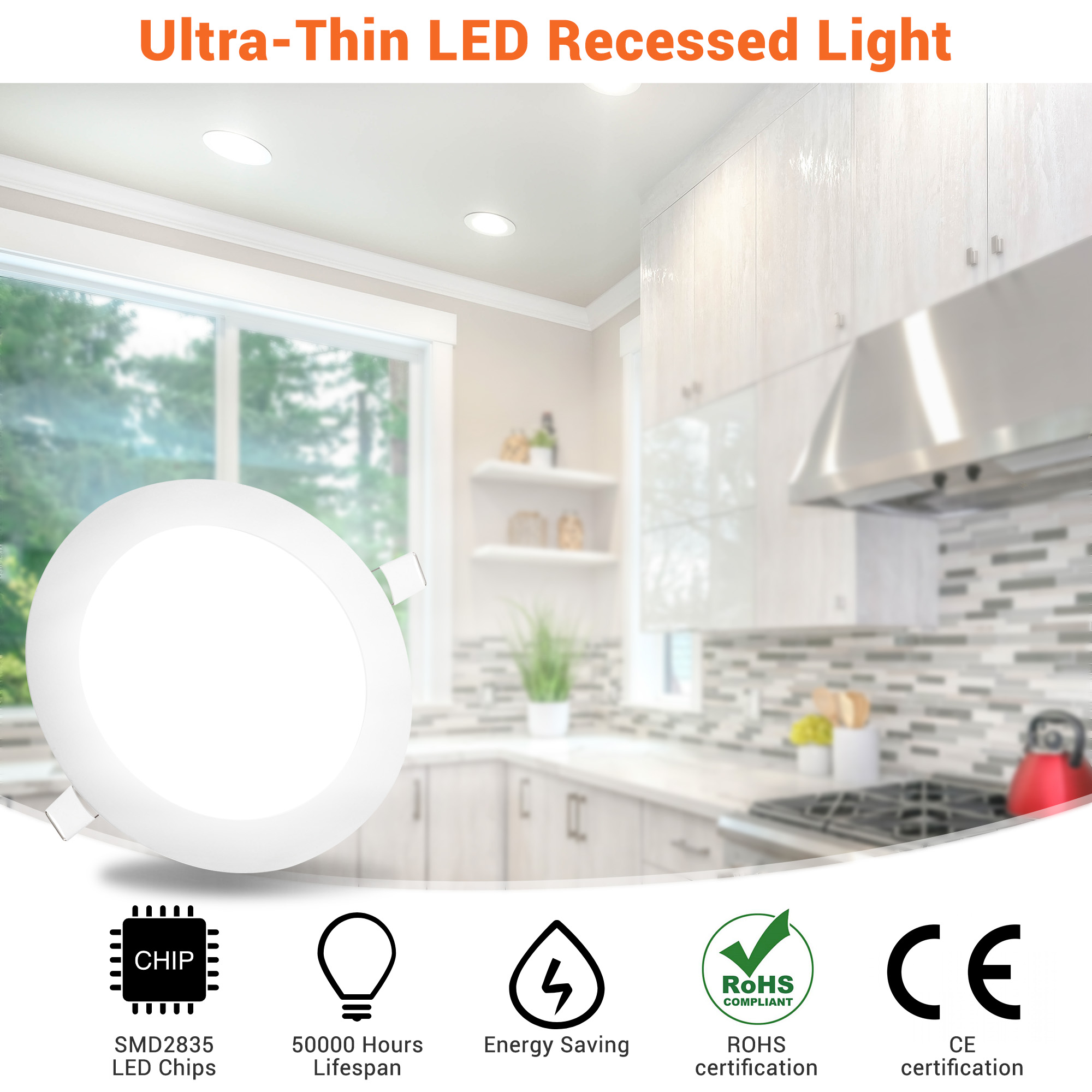 DELight Inch LED Recessed Light Ultra-thin Ceiling Panel 6000K Wafer Downlight  12W Eqv 100W Cool White 960LM Brightness ROHS Certified