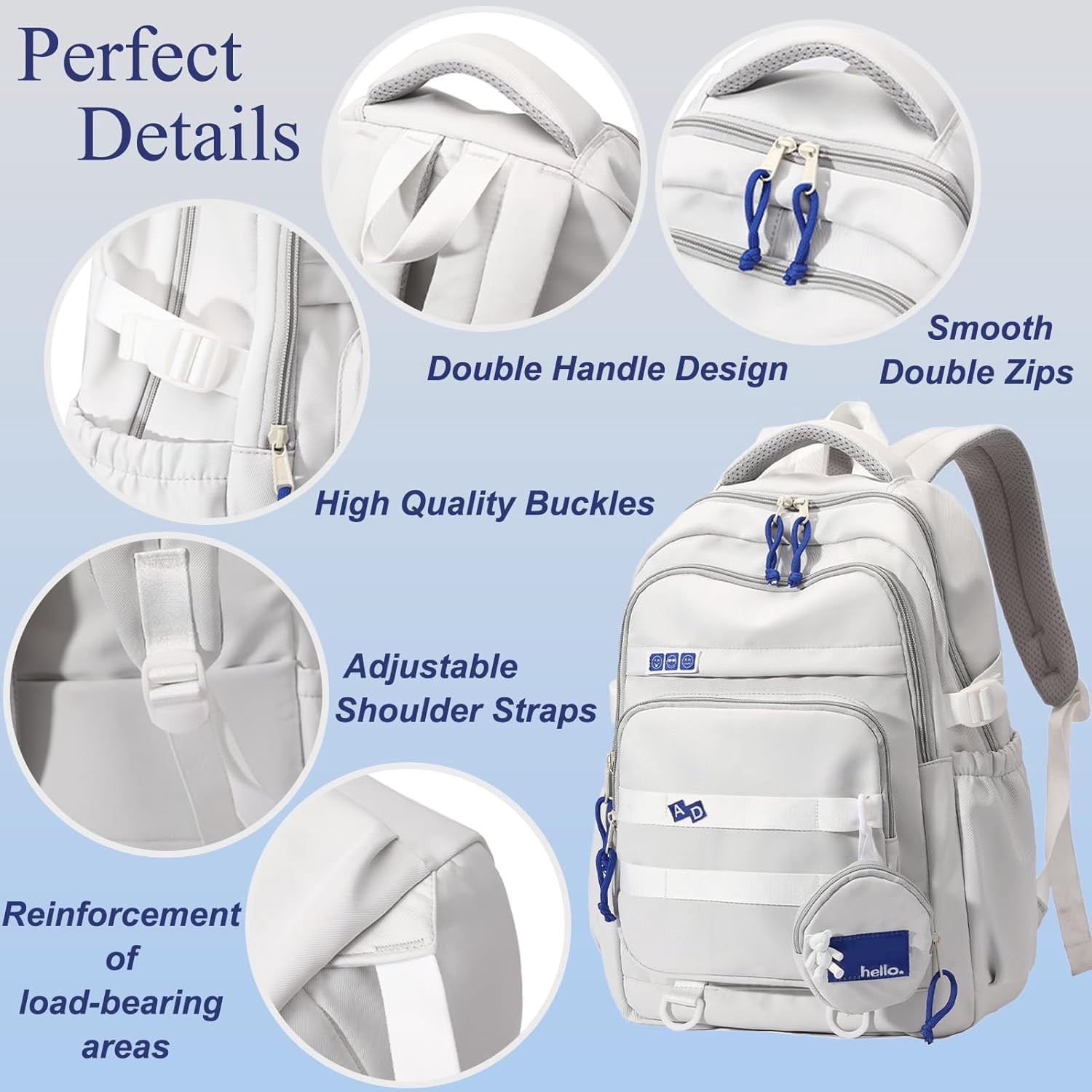 DAKIMOE Large School Backpack for Girls Boys Lightweight Spacious Kids Bookbag with Multiple Pockets for Middle School College, Gray