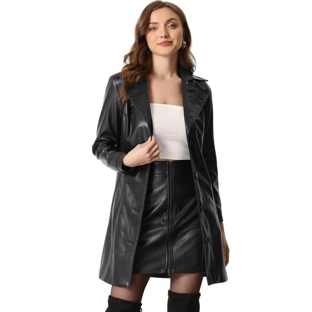 Abrigo de Cuero Sintética para Mujer con Solapa y Botones Steampunk PU Outwear Negro M