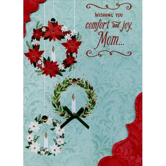 Designer Greetings 3 Wreaths and Candles : 3D Tip On Border, Sequins, Bow Hand Decorated Premier Collection Keepsake Christmas Card for Mom