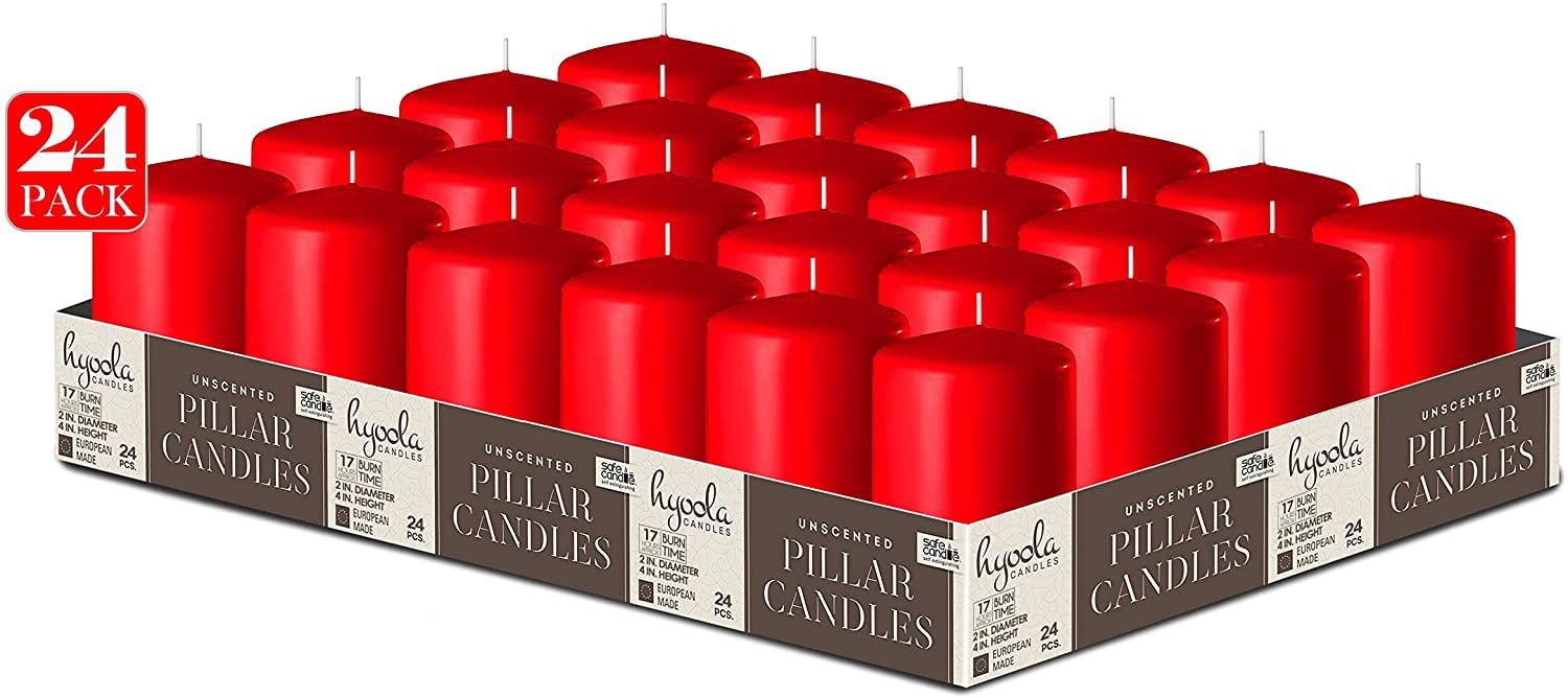 Hyoola 2 x 3 Red Unscented European Made Pillar Candles, Dripless Paraffin Wax with Smokeless Cotton Wicks, 24-Pack
