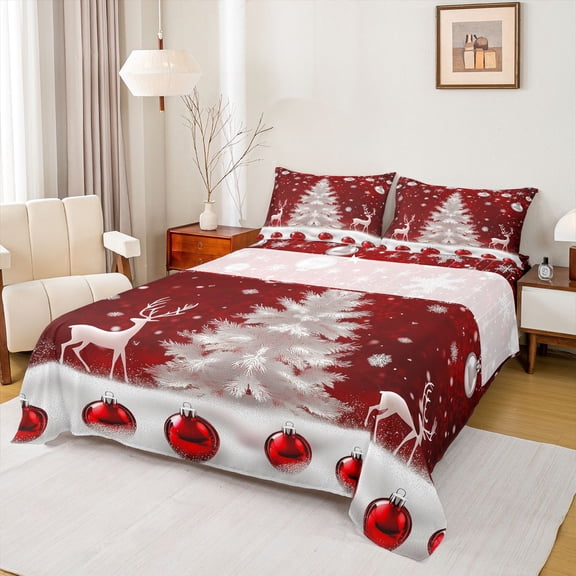 Feelyou Dreamy Xmas Tree Twin Sheet Sets for Adult, Magical Reindeer Moose Twin Fitted Sheet, Dreamy Snow Snowflake Flat Sheet, Luxury Bedroom Decor, 3 Pieces
