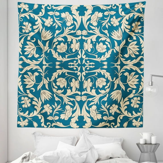 Chinese Tapestry, Far Eastern Scroll Pattern with Floral Curls Oriental Flourish, Fabric Wall Hanging Decor for Bedroom Living Room Dorm, 5 Sizes, Petrol Blue and Cream, by Ambesonne