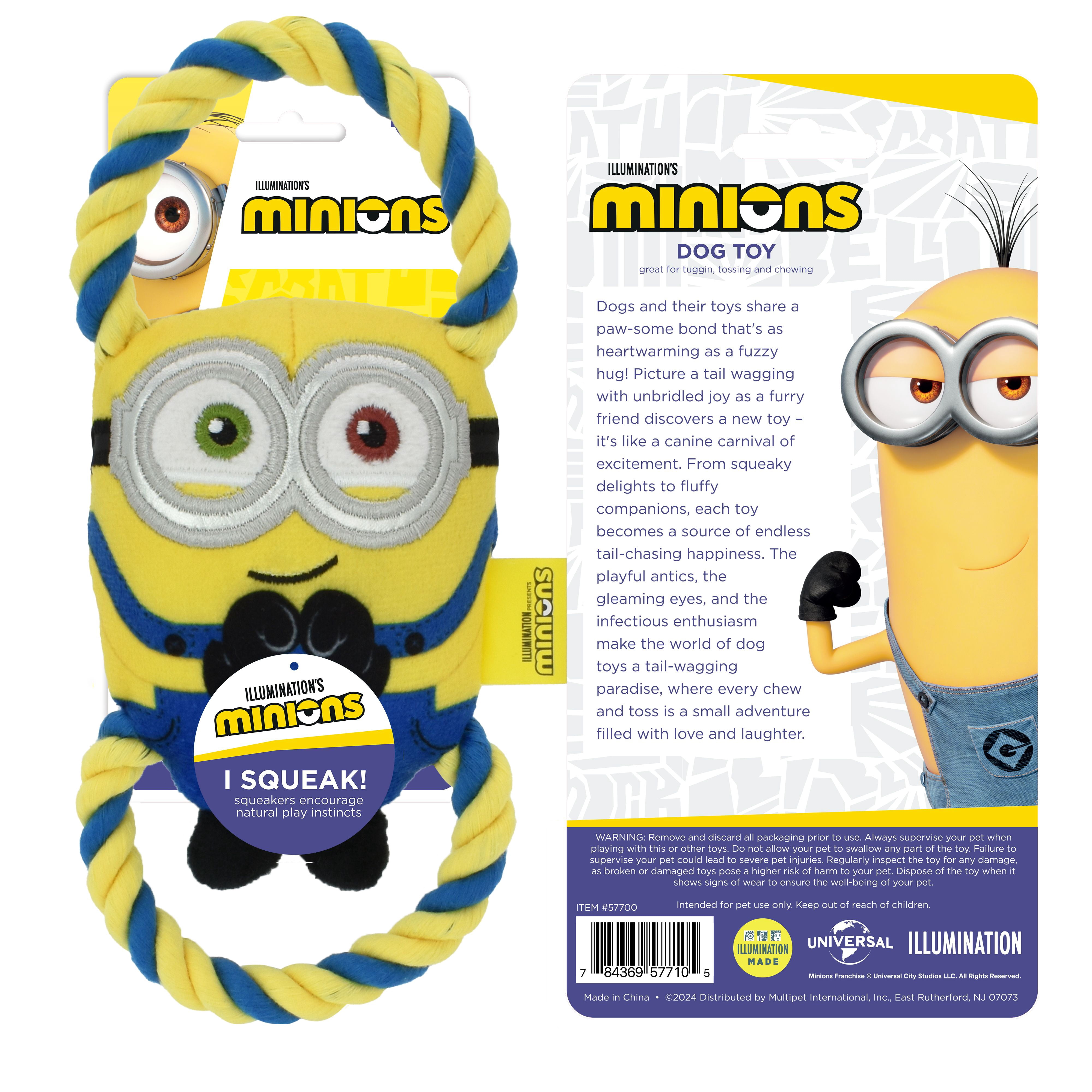 Multipet Minions Bob Plush and Rope Tug Dog Toy with Squeaker and Crinkle, Small
