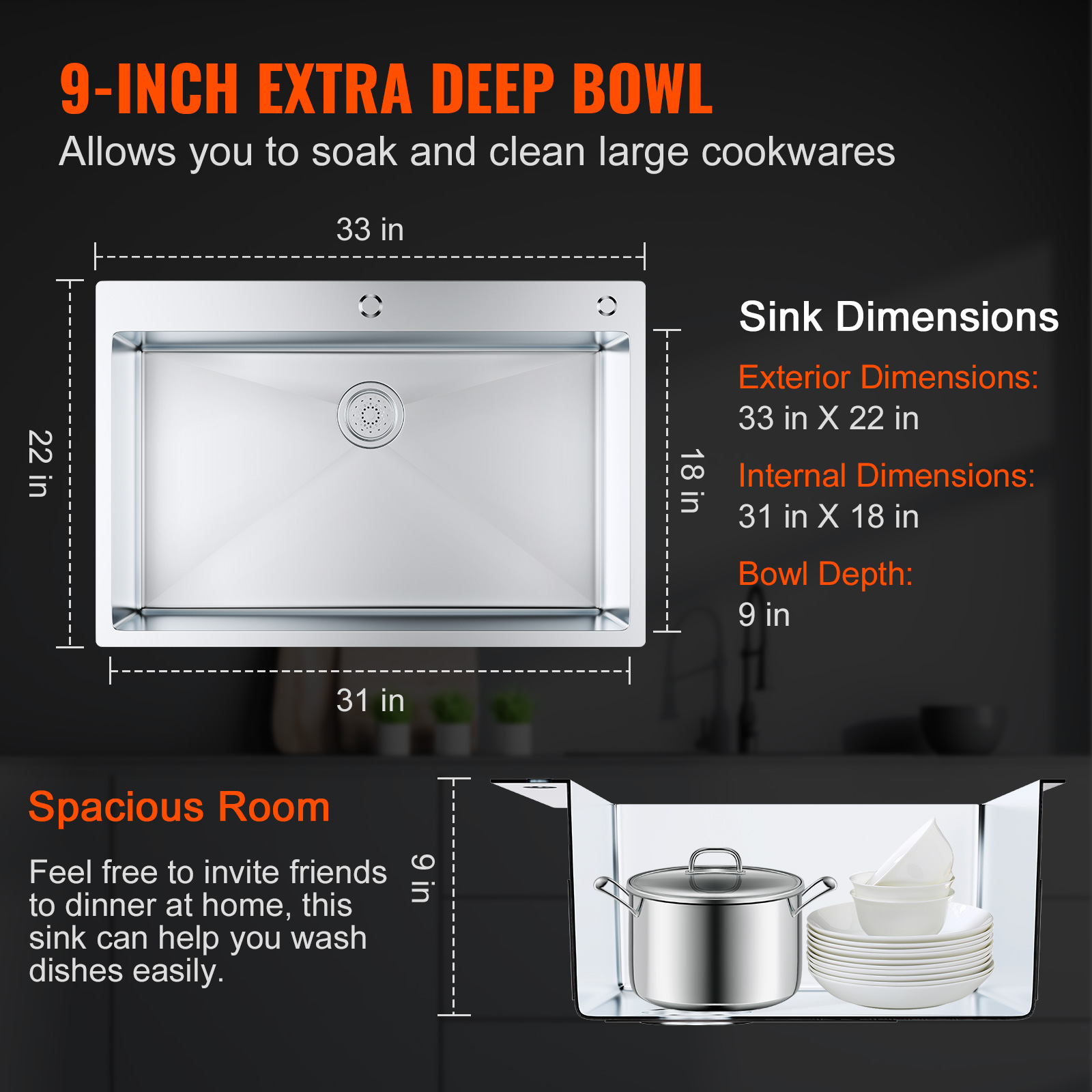 BENTISM 33" x 22" Kitchen Sink Top Mount Single Bowl Basin Stainless Steel Kitchen Bar - image 4 of 10