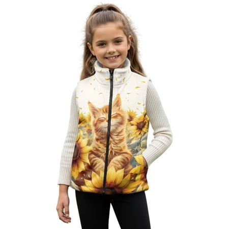Xoenoiee Cat Sunflower Print Kids Fleece Vest for Girls Boys Full Zip Sleeveless Jacket with Stand Collar and Pockets Warm Fall Winter Outerwear 7-8 Years
