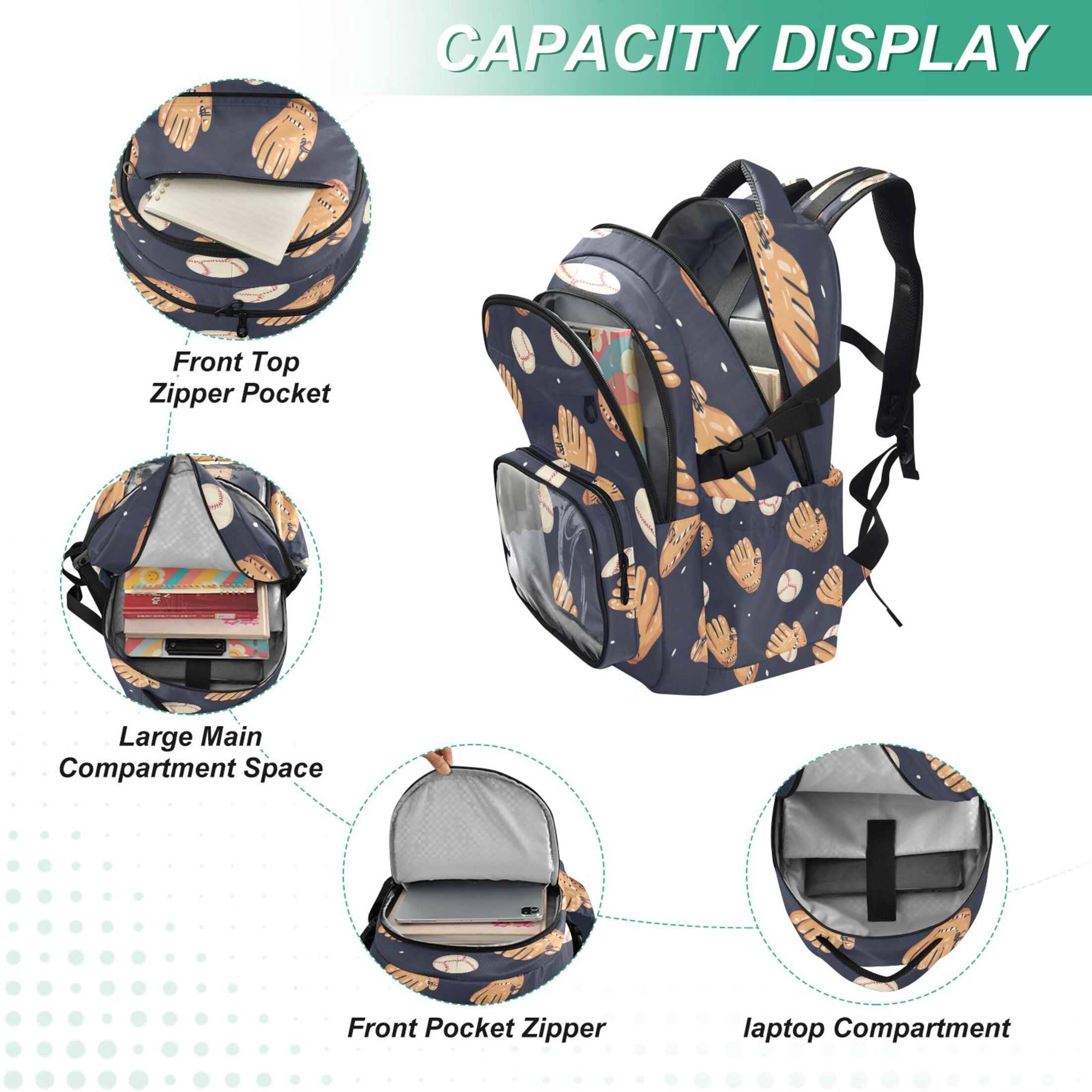 PVC Casual Backpack 25L Daypack with Laptop Compartment Lightweight Travel Backpack for Work Outdoor Activities Baseball Gloves and Balls Pattern