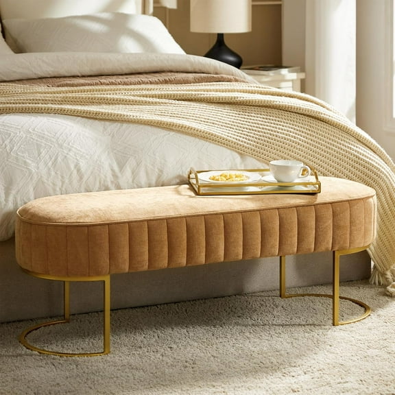 46" Velvet , Upholstered Entryway End of Bed with Gold Legs, Bed Ottoman for Bedroom Living Room Footrest Stools, Mustard