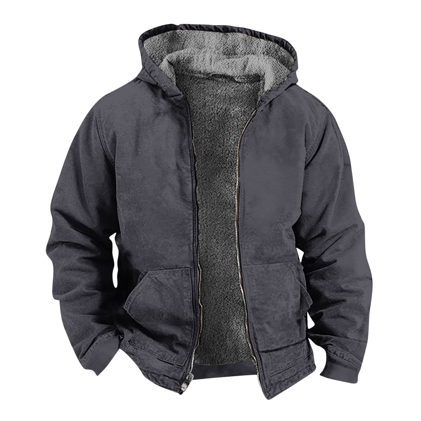 Winter!Brilliant Jackets for Men Puff Men's Winter Long Sleeved Cardigan Pockets Warm Plush Hooded Jacket Fleece Sweater Coat Heavy Weight Gray L