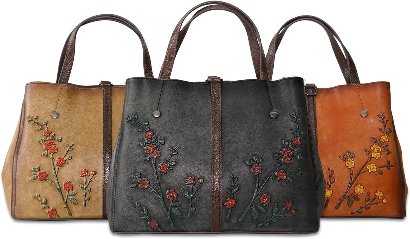 Kwuty Leather Satchel for Women Top Handle Bags Handmade Purse Vintage Embossed Leather Crossbody Handbags Hobo Bag