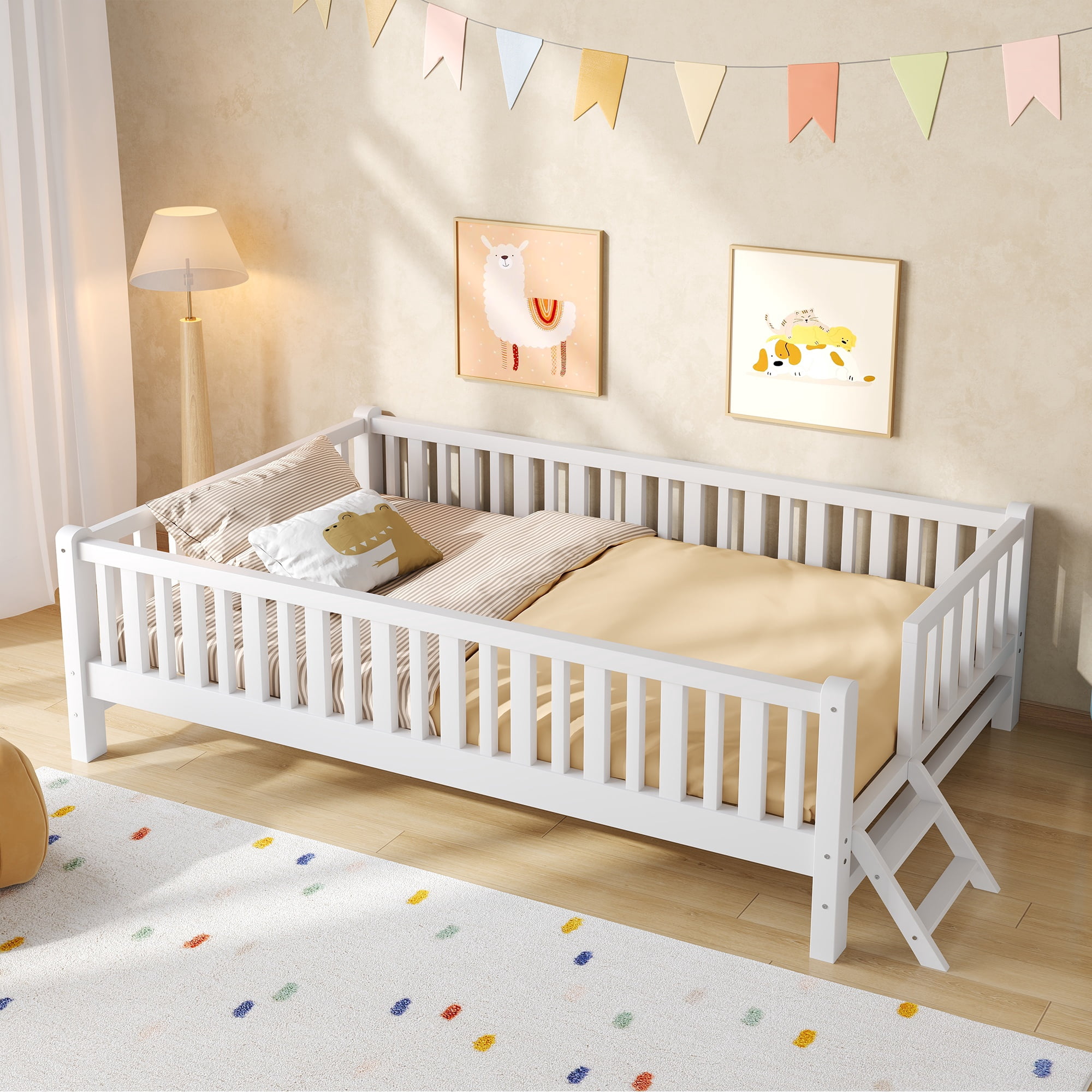 MODERNLUXE Twin Size Platform Bed with Guardrails, White