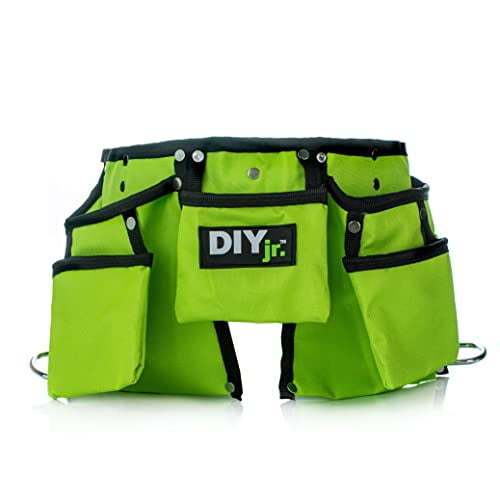 My First Tool Belt Green by DIYjr - Real Tool Belt for - Sturdy Tool Apron for Children Construction Childs Toolbelt Adjustable Boys and Girls Junior Carpenter Set