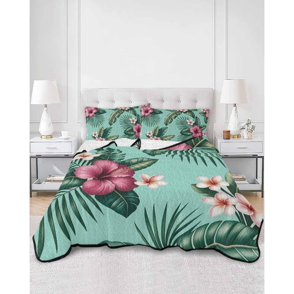 Quilts Twin Size, Tropical Soft Comforter Bedding Set for Bed, Pink Floral Green Palm Leaf Aqua Watercolor Lightweight Quilted Bedspread with Pillow Cover(2 Pieces) for All Season, 68x86 Inch