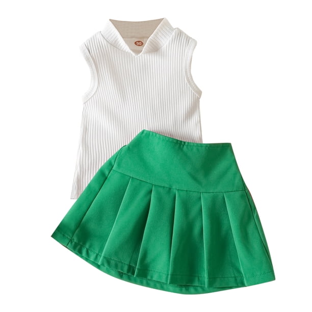 Gibobby Conjunto de 2 uds de Lana Camiseta sin mangas para niñas pequeñas, Tops, faldas con tirantes, vestido a cuadros, 2 uds., conjunto de ropa de princesa(Verde, 3-4 Años)