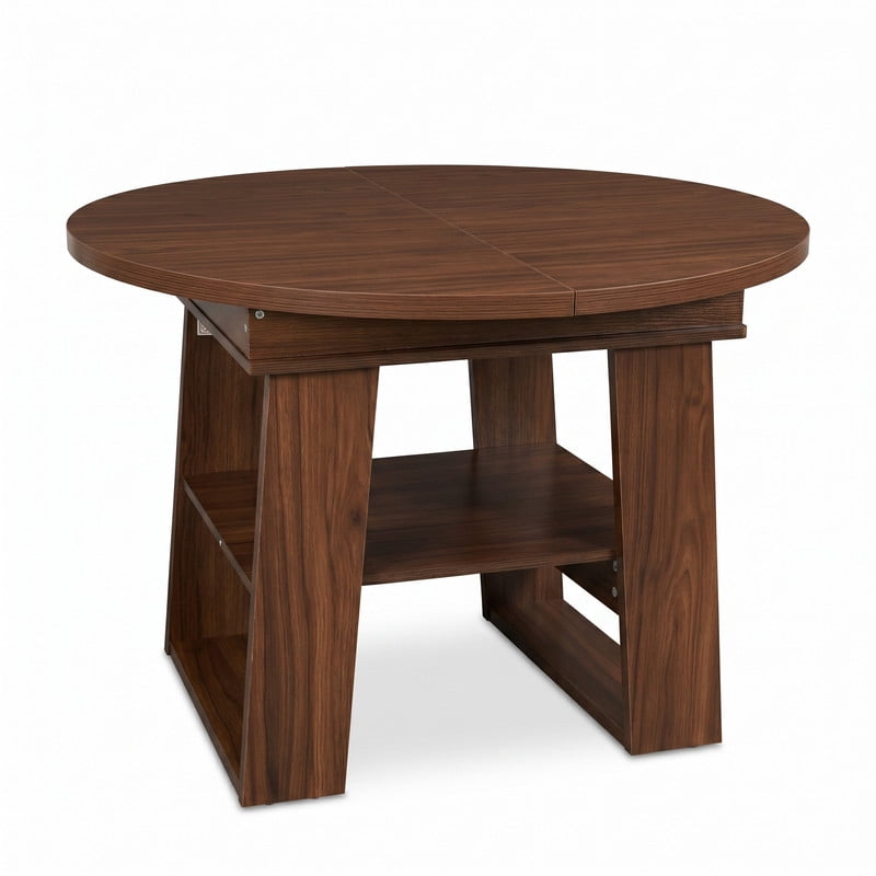 43"-59" Extendable Round-to-Oval Dining Table for 4-6 with Flip-Up Leaf, Kitchen Accent Dinner Table with Storage Shelf