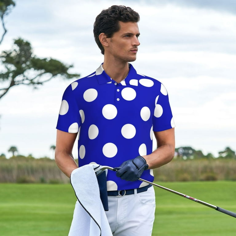 Logiee Blue And White Polka Dot Print Mens Polo Shirts,Mens Golf