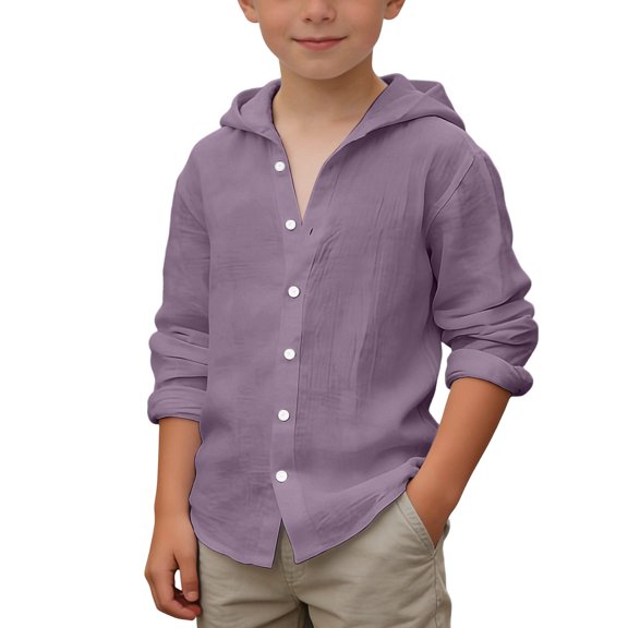 Boys Hooded Linen Button Down Shirt, Long Sleeve Casual Summer Blouse, Breathable Solid Color Beach Shirt for Kids(Light Purple,10-11 Years)