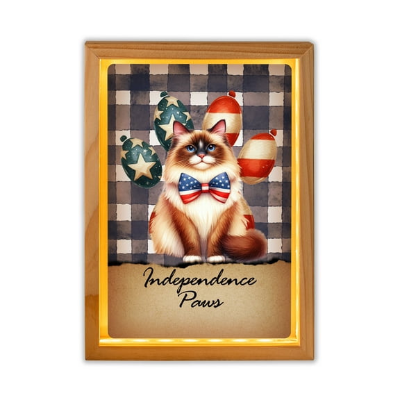 Patriotic Ragdoll 4th of July Independence Paws Acrylic Plaque with Wood Photo Frame Box Cat Lover Kitten Owner Gifts Idea Light Box - 02010