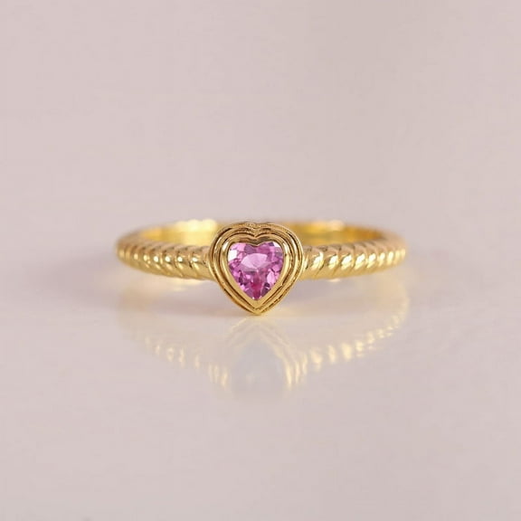 Solitaire Pink Sapphire Heart Ring, Twisted Band Ring, Double Layer Ring, 18 Gold Plated Ring, Proposal Ring, Anniversary Ring, Gift For Her.