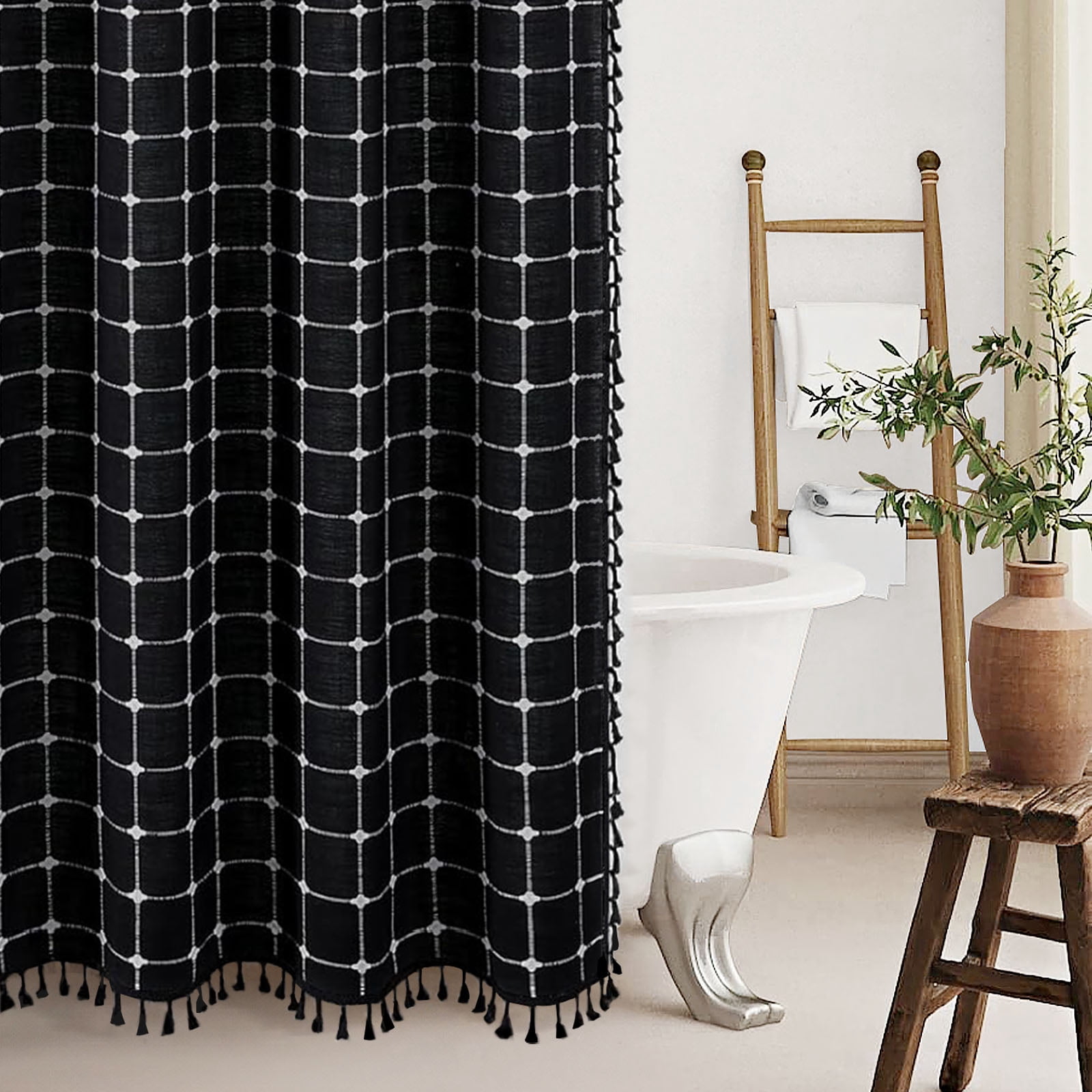 Lipa Boho Farmhouse Shower Curtain,Rustic Linen Blend Grid Shower Curtain with Tassels,Bathroom Shower Curtain with 12 Hooks,Black,72" x 72"