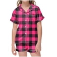 thumbnail image 1 of Odeerbi 2-12 Años Niños Niñas Pijama de Verano de Satén Con Solapa de Muesca Camisas de Manga Corta Pantalones Cortos Conjunto Suave Estampado Retro de Cuadros Ropa de Dormir, 1 of 6