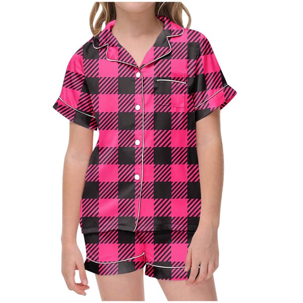 Odeerbi 2-12 Años Niños Niñas Pijama de Verano de Satén Con Solapa de Muesca Camisas de Manga Corta Pantalones Cortos Conjunto Suave Estampado Retro de Cuadros Ropa de Dormir
