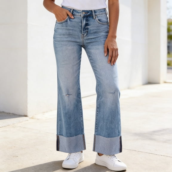 ClodeEU Women's High Waisted Cuffed Wide Leg Jeans with Distressed Patchwork ,Fashion Denim Pants Blue,Womens Plus L