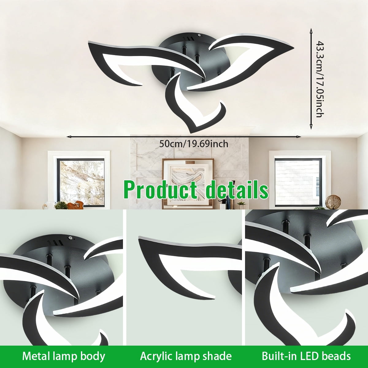 Modern Semi Flush Mount Ceiling Light, 20 inch Dimmable LED Chandelier Low Profile Ceiling with Remote Control, Ceiling Lamp Fixture for Living Room Dining Room Bedroom, Black