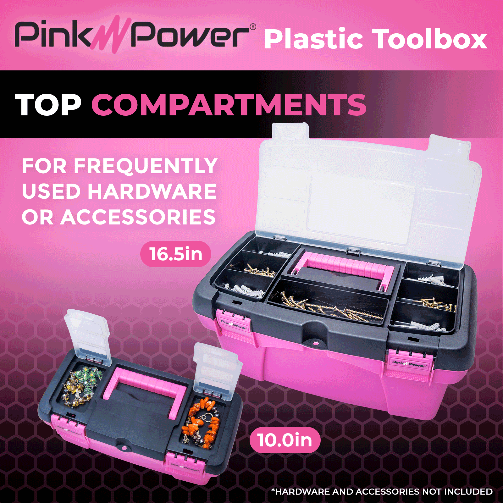 Pink Power Pink Tool Box for Women - Sewing, Art & Craft Organizer Box Small & Large Plastic Tool Box w/ Handle - Pink Toolbox Sewing Box Tool Storage Box - Portable Mini Locking Tool Boxes (2 Pack)