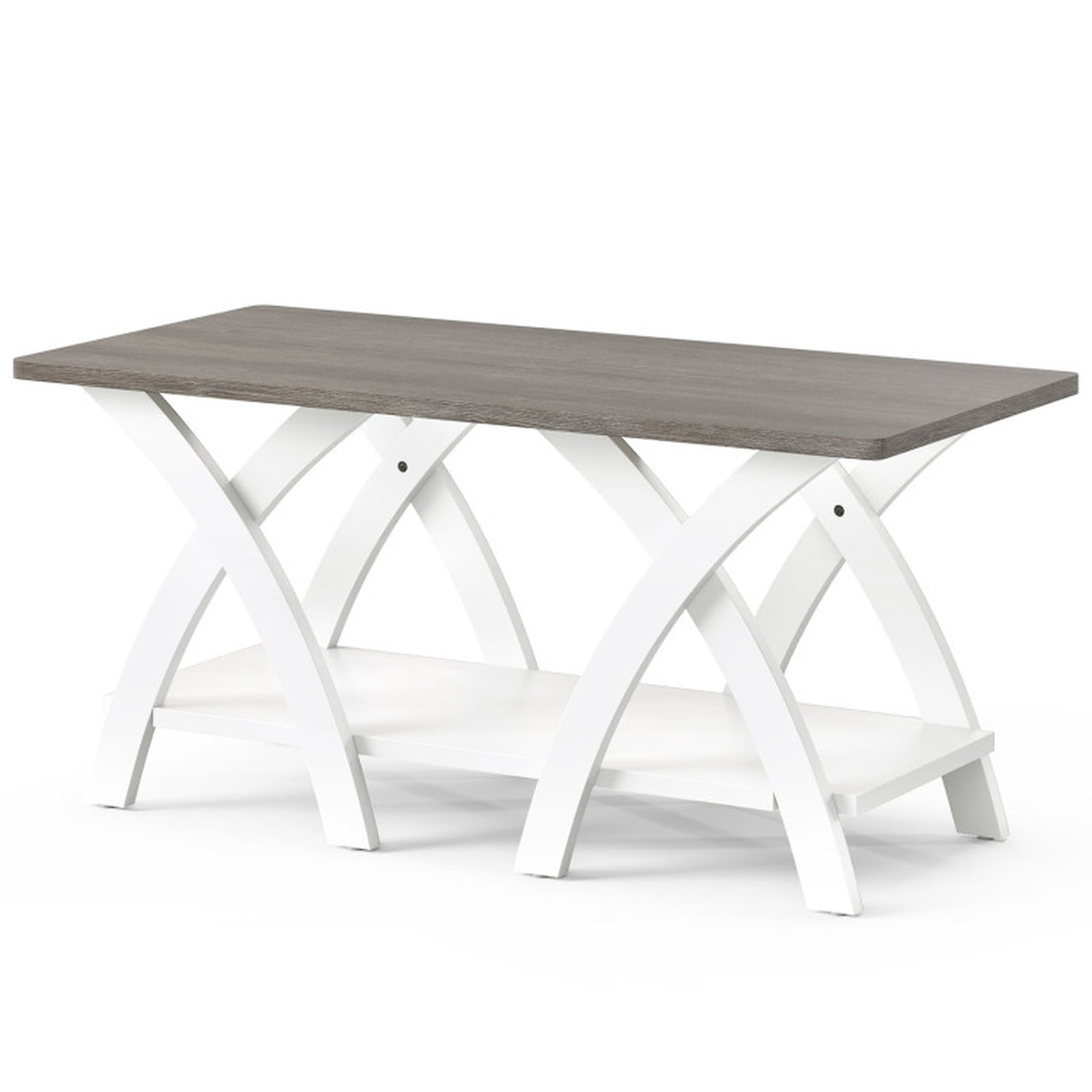 Furnibear 40 Inch Farmhouse Wooden Coffee Table with Storage Shelf with X-shaped Legs - Gray - Living Room Cocktail Center Table