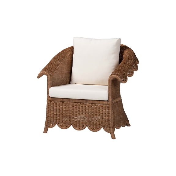 bali & pari Detta Natural Rattan Armchair - Handwoven Wicker Chair with Rolled Arms and Scalloped Skirt Base, Boho Coastal Style for Lounge or Sunroom