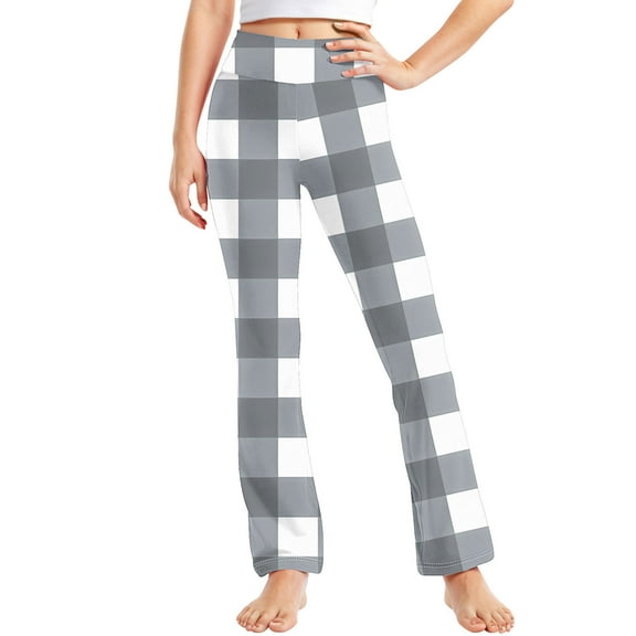 QQAMB Toddler Girls Plaid Printed Straight Leg Yoga Pants Teens High Waisted Comfort Activewear Leggings for Kids