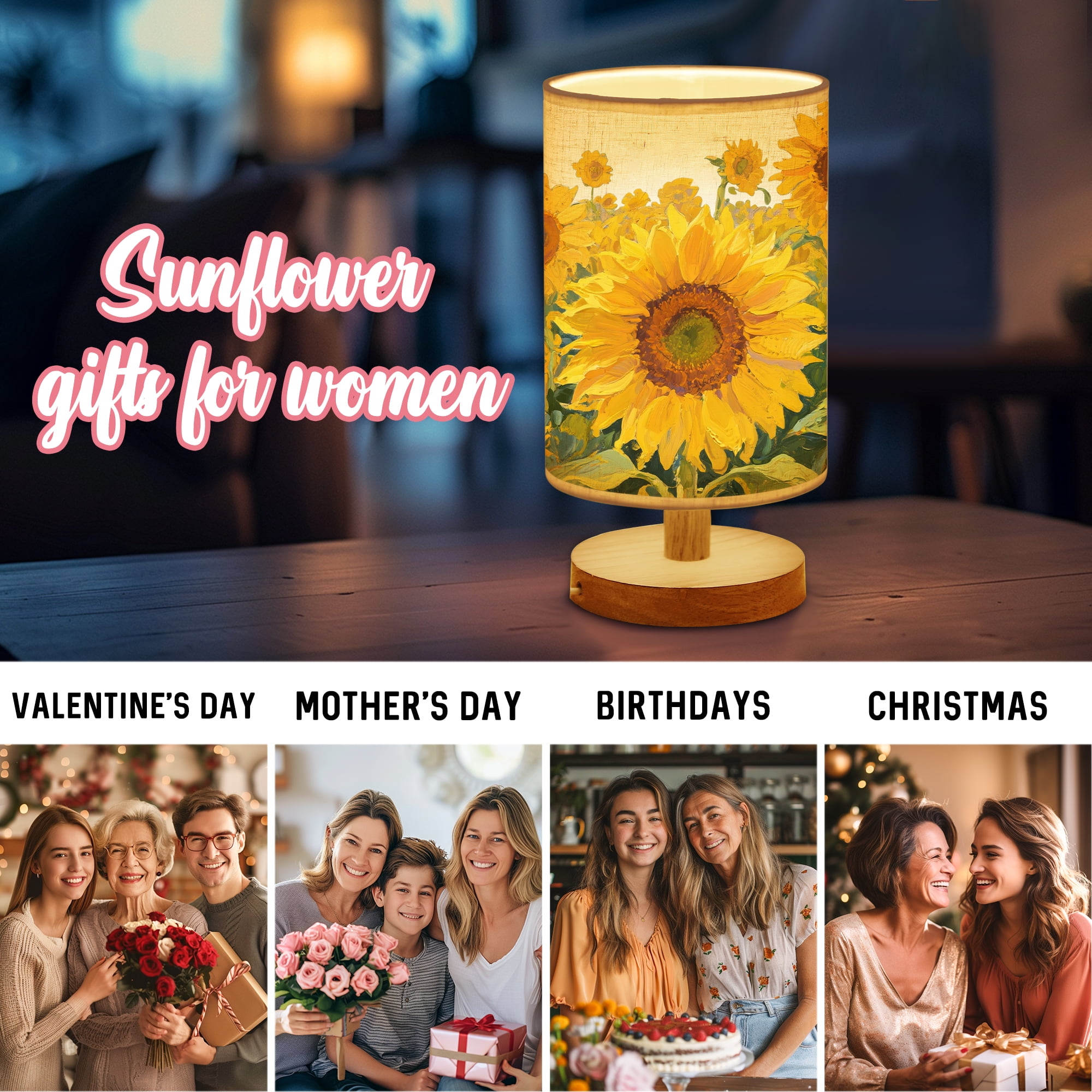 Sunflower Table Lamp - USB Adjustable Brightness Night Light, Ideal Mother’s Day Christmas Birthday Gifts for Women Mom Grandma Teacher, Bedroom Desk Decor