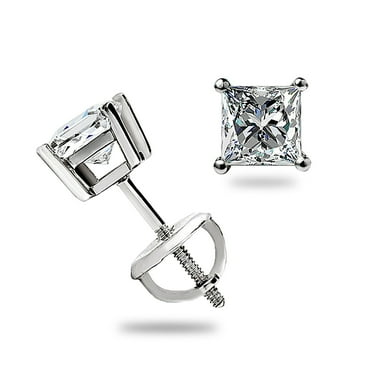 0.40 Ct Princess Cut Diamond STUD EARRINGS SCREW BACK 14K White Gold 3MM Gift