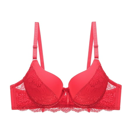 Ecqkame Push Up Bras for Women Lace Bras with Underwire Solid Color Lifting Everyday Bra Underwear A-Red M on Clearance