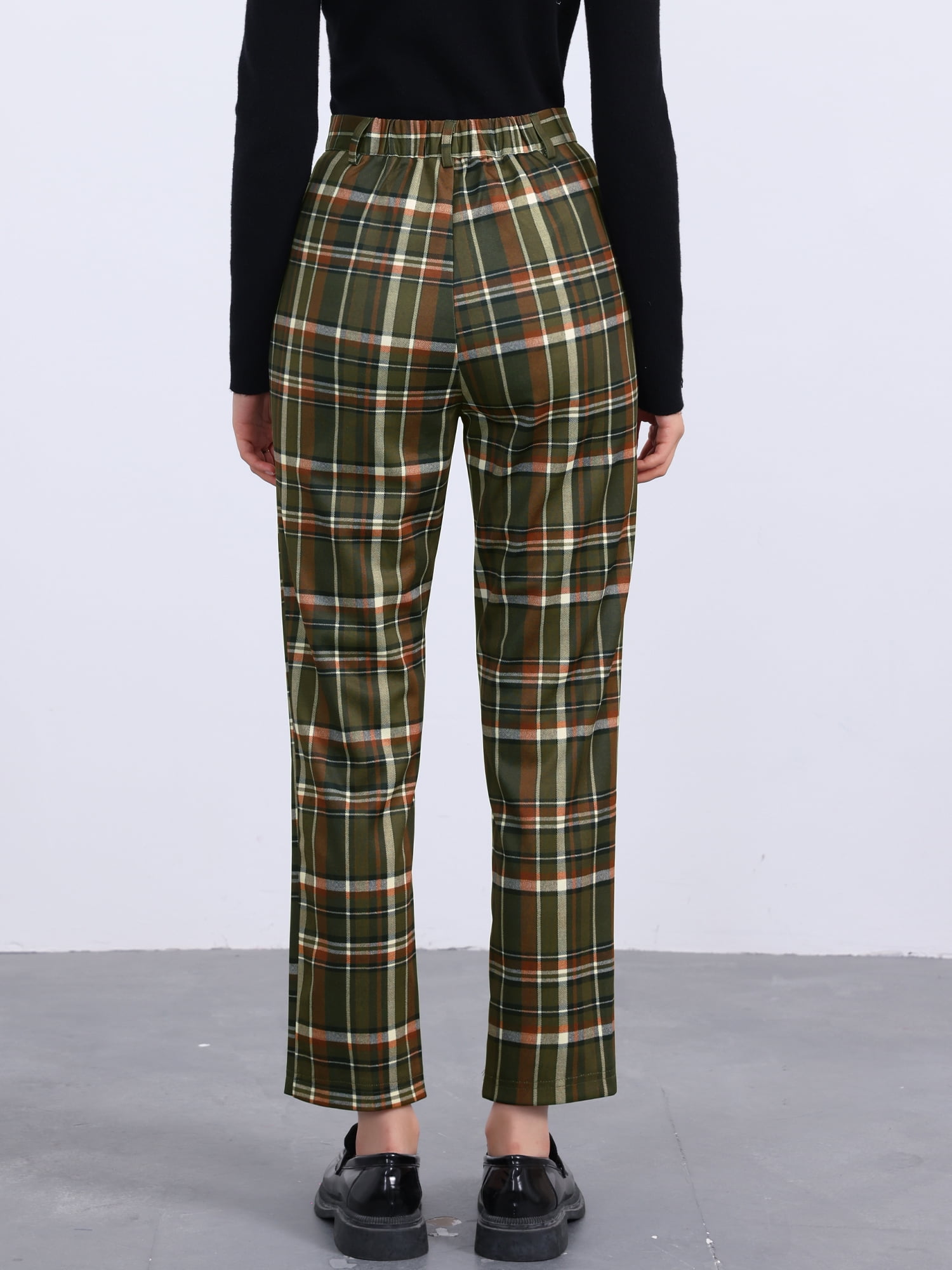 DARING DIVA Women's Plaid Pants High Waisted Tartan Checkered Cropped Pants L Army Green