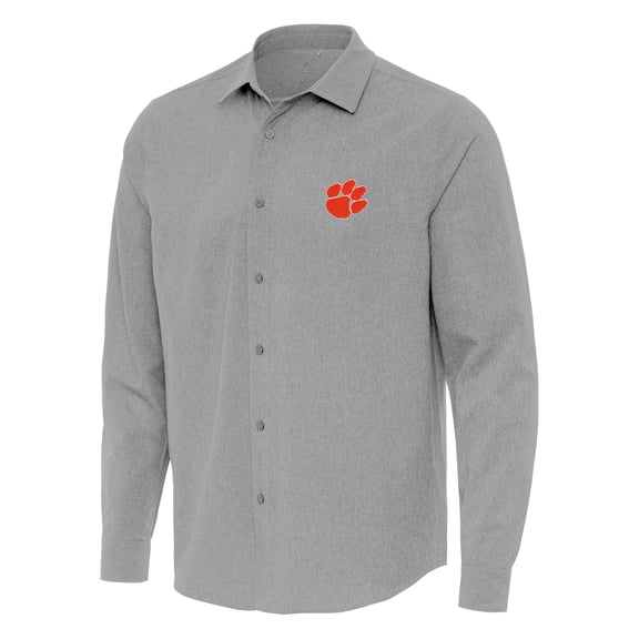 Men's Antigua Gray Clemson Tigers Exposure Woven Long Sleeve Button-Up Shirt