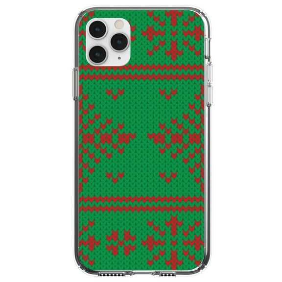 DistinctInk Clear Shockproof Hybrid Case for iPhone 13 (6.1" Screen) - TPU Bumper, Acrylic Back, Tempered Glass Screen Protector - Green Red Ugly Christmas Sweater - Christmas All Year