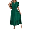 thumbnail image 2 of AUNVITO Women's Casual Solid Color Round Neck Short Sleeve Midi Dress with Belt Fashion and Comfortable Daily Wear, 2 of 8