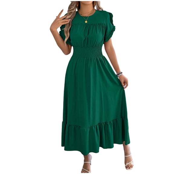 Bixock Women's Casual Maxi Dreases,Crew Neck Short Sleeve Dresses,Fashion Solid Color Midi Dress with Waist Belt Soft Stretchable Summer Daily Leisure Dresses