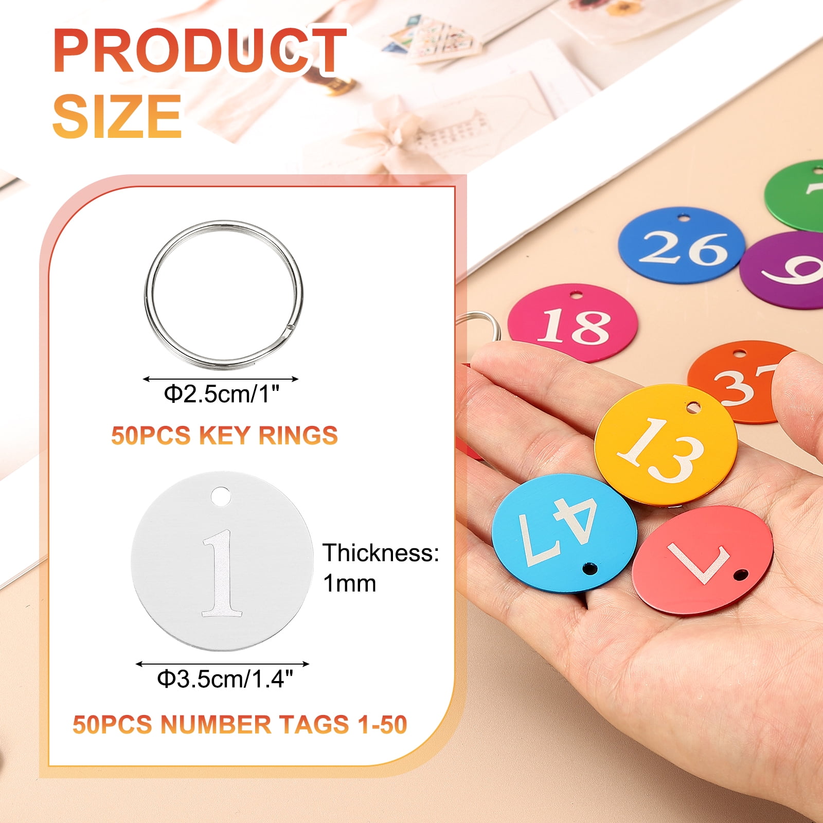 50PCS Number Tags 1-50, Number Key Tags Aluminum Numbered Tags Metal Key Tags Keychain with Key Rings for Organizer Field Sales Hangers Clothes Labels ID Tag, Silver