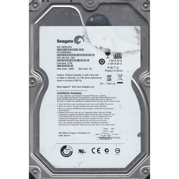 ST31000528AS, 5VP, SU, PN 9SL154-336, FW CC3E, Seagate 1TB SATA 3.5 Hard Drive