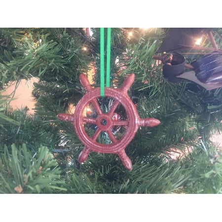 New Christmas Color Wheel Red Whitewashed Cast Iron Ship Wheel Decorative Christmas Ornament 4